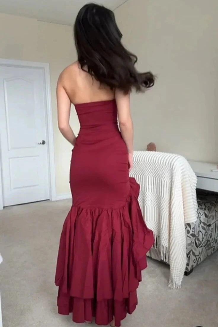 Vestidos de fiesta formales de sirena sin tirantes, de corte alto y bajo